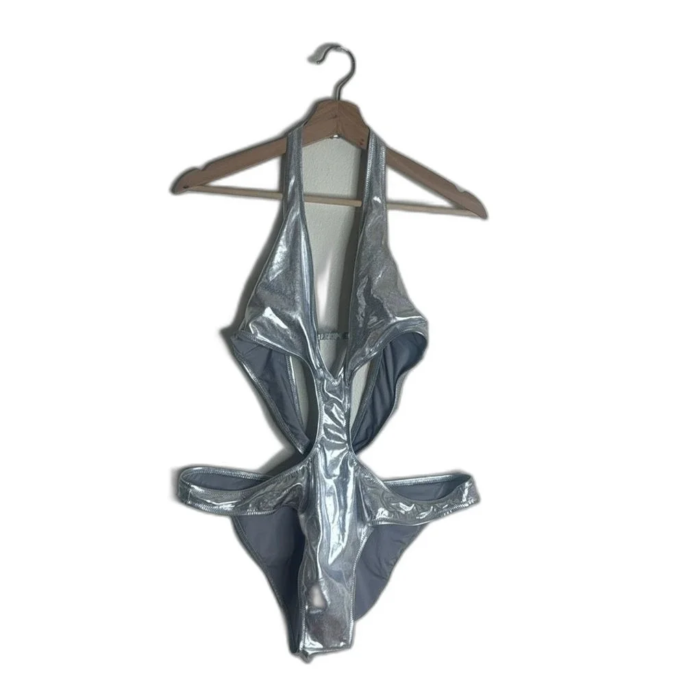 Skims metallic swim halter monokini in nickel swimsuit one piece 2X